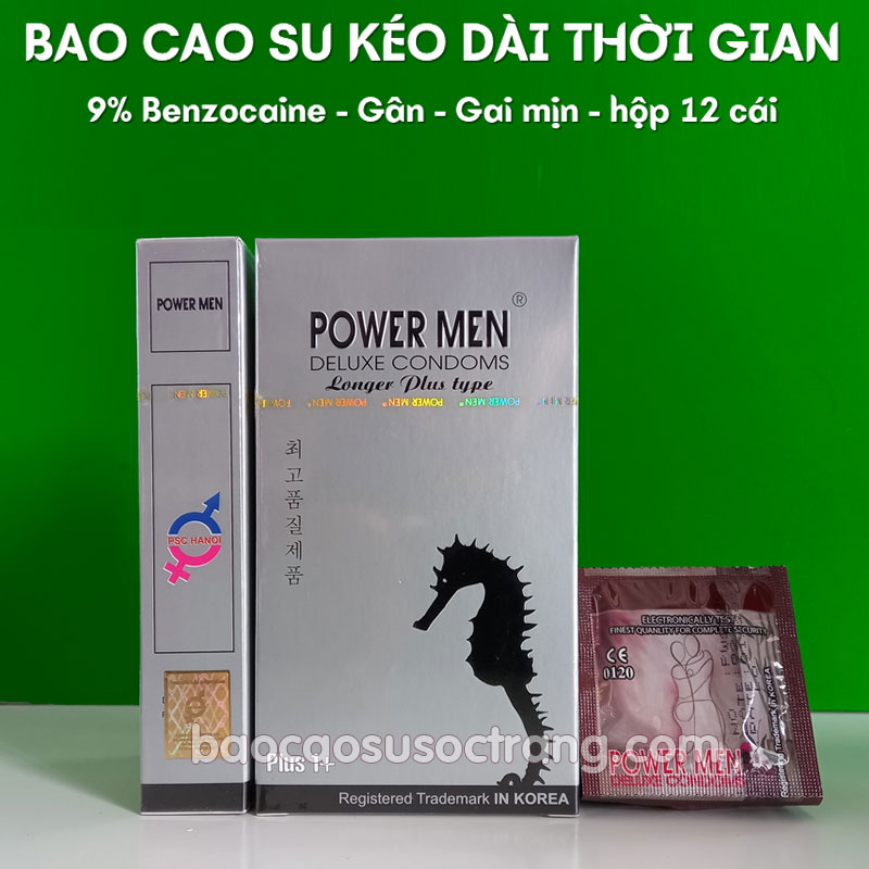 Bao cao su kéo dài thời gian Powermen Longer Plus 9% benzocaine có gân gai tại Sóc Trăng