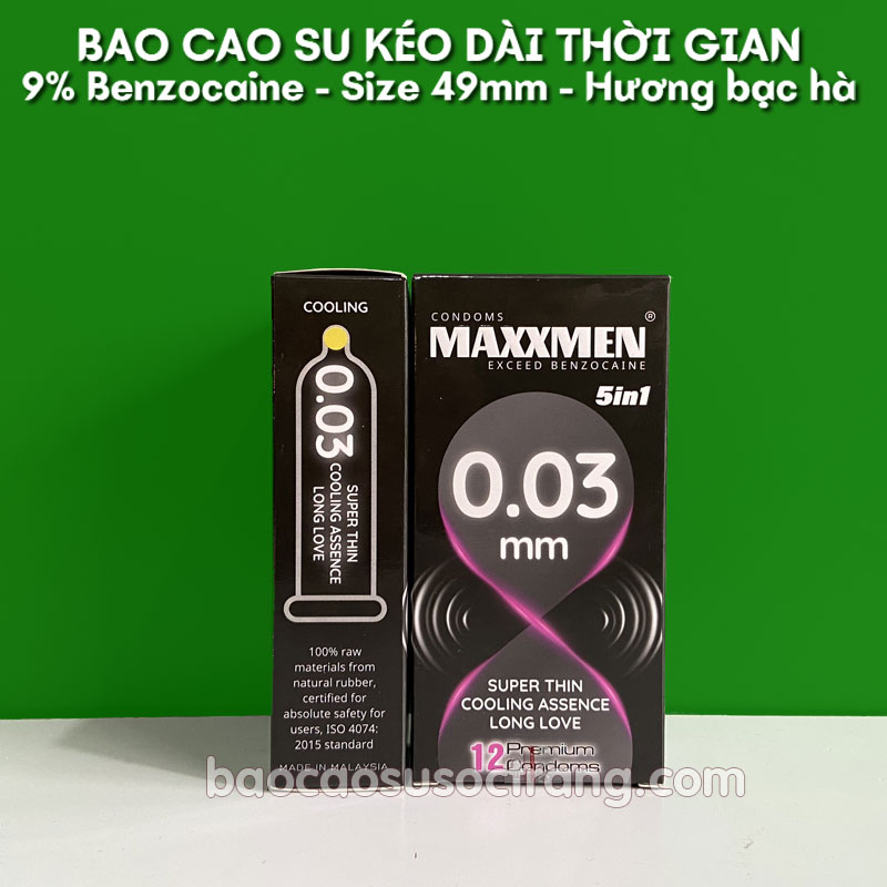 Bao cao su Maxxmen 003mm siêu mỏng size 49mm kéo dài thời gian với 9% benzocaine có hương bạc hà tại Sóc Trăng