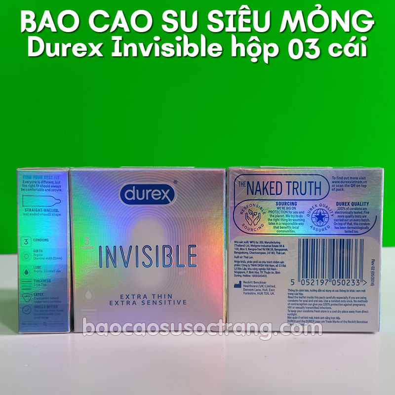 Bao cao su Durex invisible chính hãng siêu mỏng size 52mm hộp 3 cái tại Sóc Trăng