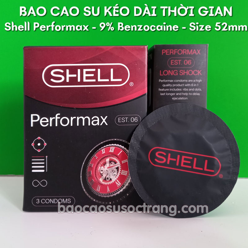 Bao cao su Shell Performax có gân gai hộp 3 cái kéo dài thời gian quan hệ 9% benzocaine tại Sóc Trăng